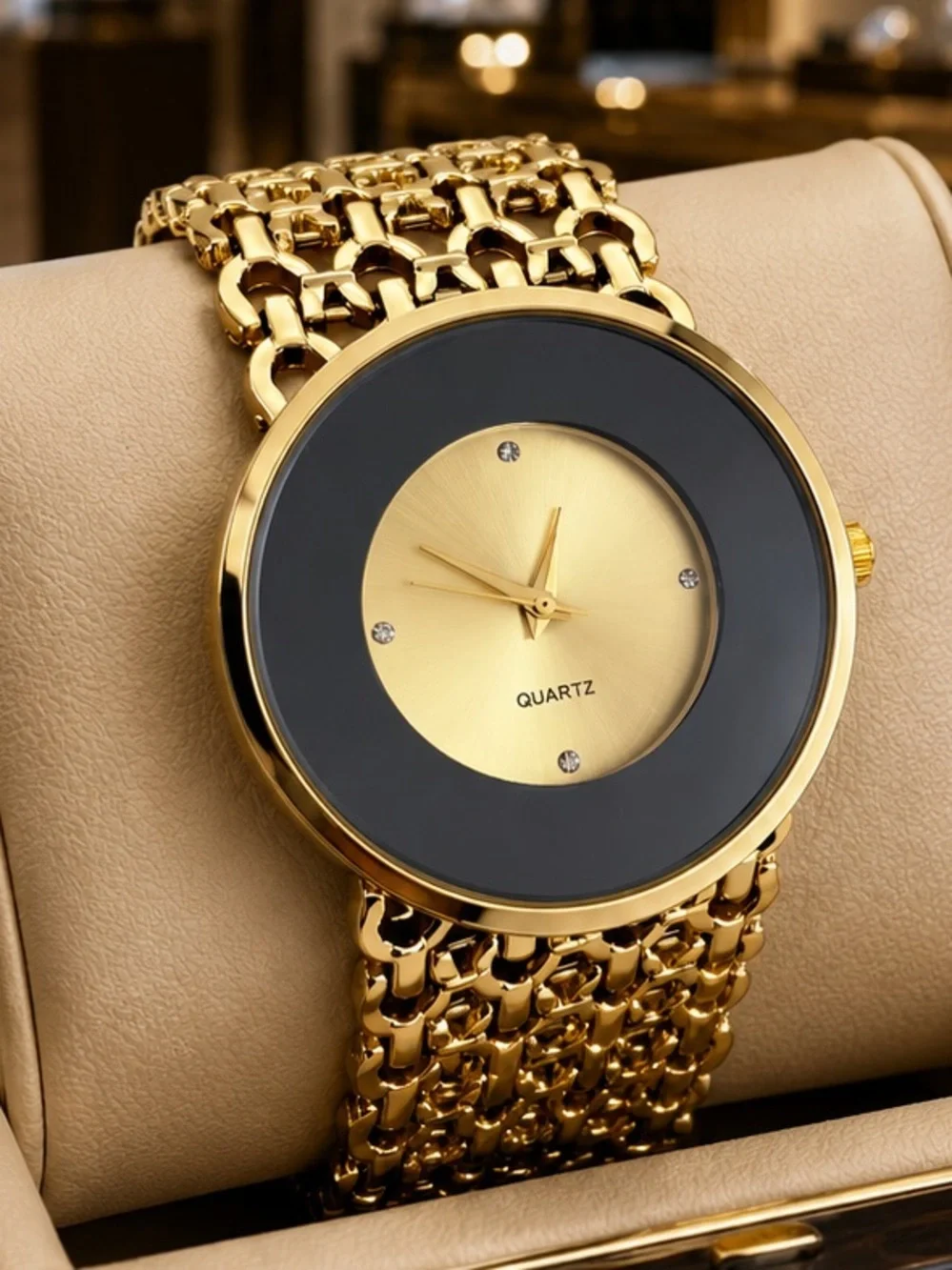 Anthropologie Gold and Black Round Quartz Bracelet Watch